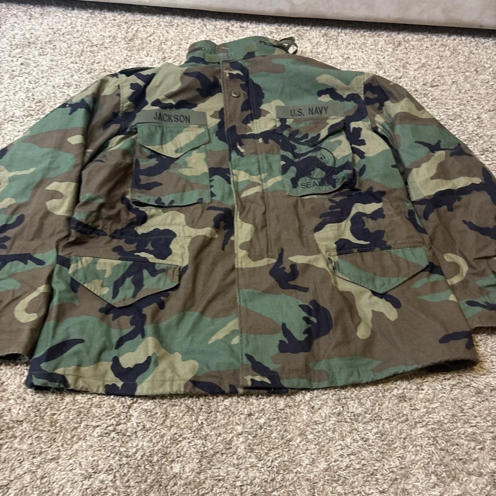 Vintage US Navy M65 Field Jacket Mens XL Woodland Camo Cold Weather 1999 Seabees